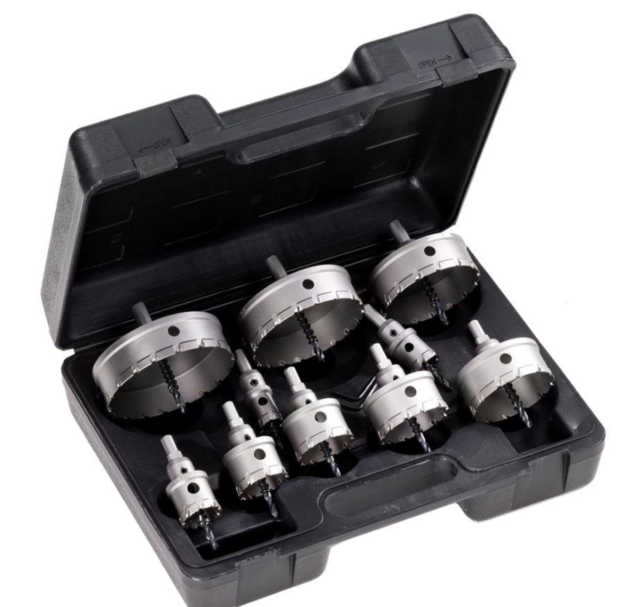 Hole Saw Cutter kit in a black storage case, with various size drill bits.